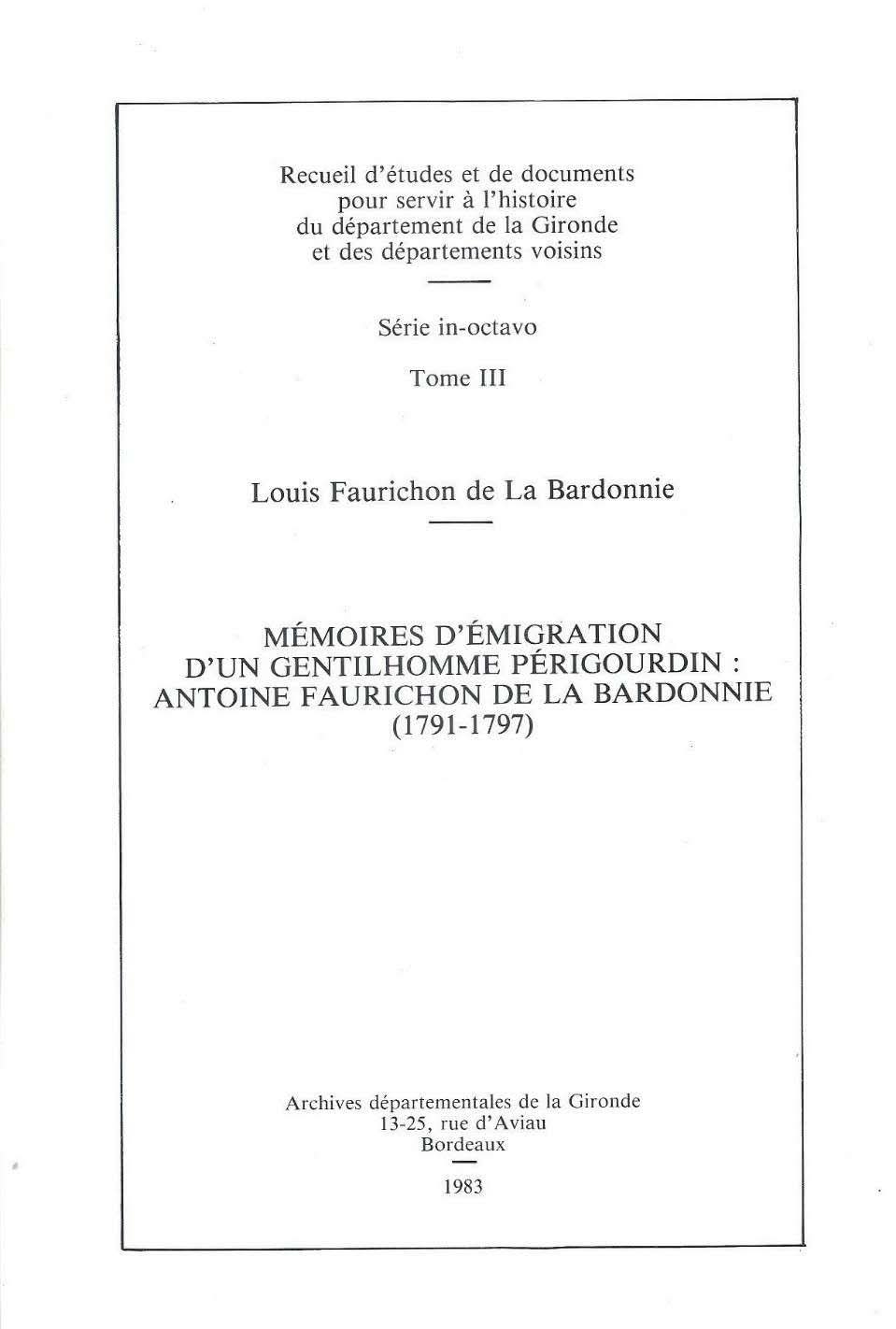 Recueil Archives de la Gironde 1983 — édition Louis Faurichon